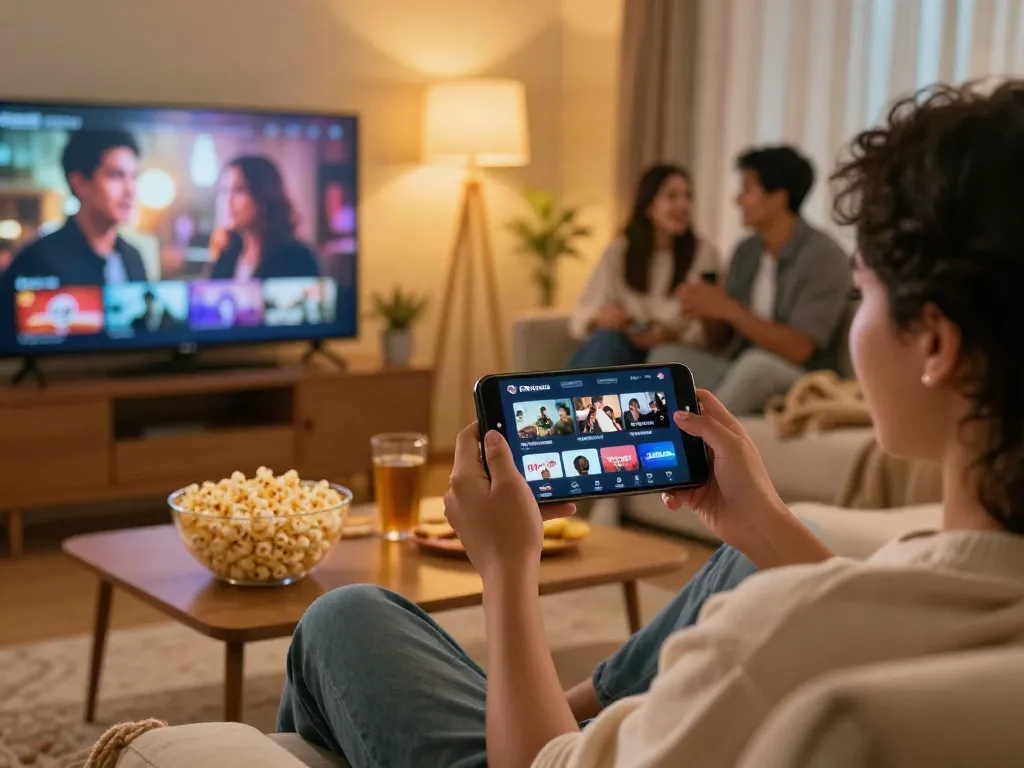 Enjoying Filmyzila streaming movies on smartphone with friends.